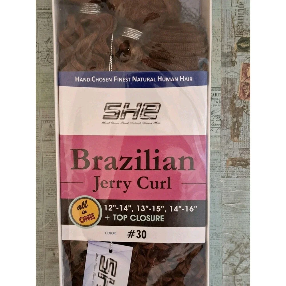 SHE Brazilian Human Hair Jerry Curl #30 3 Bundle Top Closure New In Package